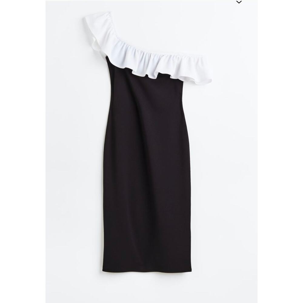 H&M Flounced Off The Shoulder Dress Sz M Black White Sheath Stretch Coquette